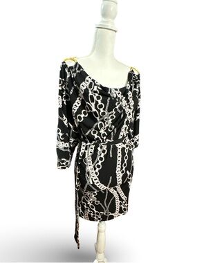 Caché Black & White Chain Print Dress with Gold Ring Hardware‎ - XS